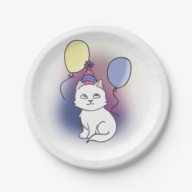 Assiettes En Carton Chat de dessin blanc avec ballons (Devant)