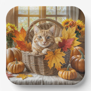 Assiettes En Carton Chat de gingembre dans le panier d'automne