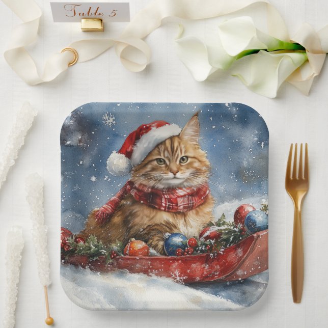 Assiettes En Carton Chat de Maine Coon en sledge Laisser neiger Noël (Mariage)