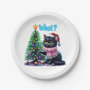 Assiettes En Carton Chat de Noël amusant Avec Sticker Arbre