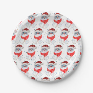 Assiettes En Carton Chat de Noël argenté et blanc avec chapeau de Père