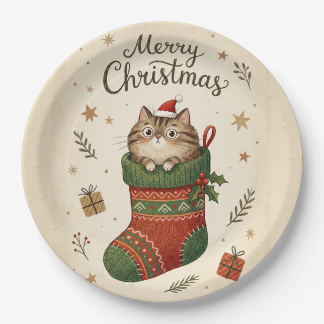 Assiettes En Carton Chat de Noël dans une chaussette (Devant)