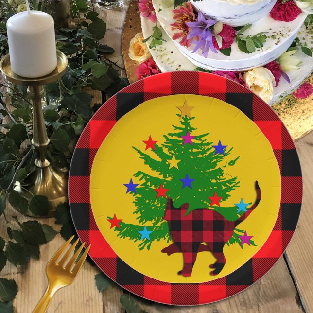 Assiettes En Carton Chat de Noël rustique, arbre et grenaille de buffl (Créateur téléchargé)