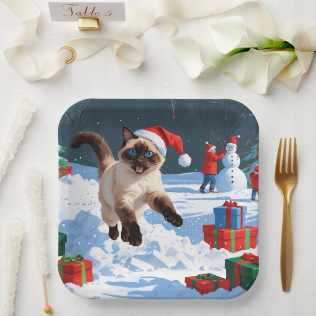 Assiettes En Carton Chat de Siamese coule en neige avec Casquette de N (Mariage)