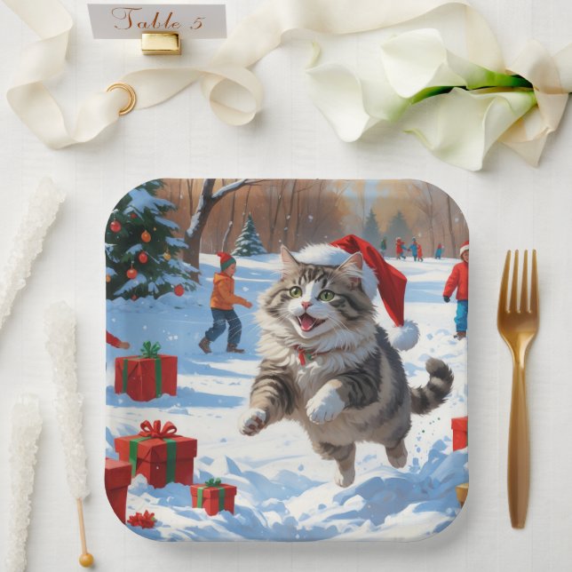 Assiettes En Carton Chat de Sibérie courant dans la neige avec Casquet (Mariage)