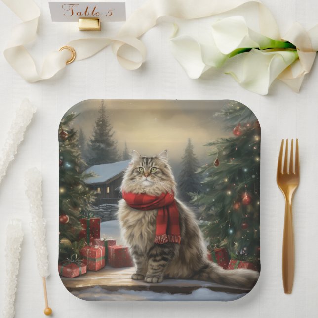 Assiettes En Carton Chat de Sibérie en Noël de Neige (Mariage)