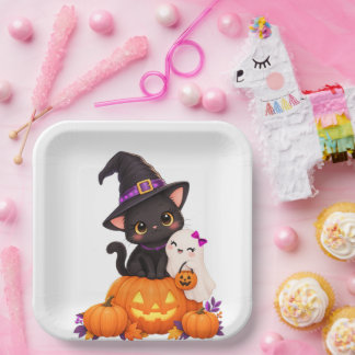 Assiettes En Carton chat d'Halloween