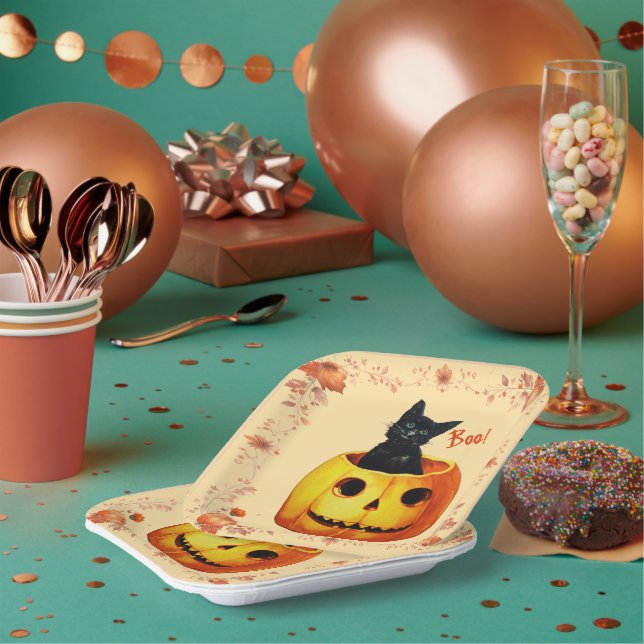 Assiettes En Carton Chat d'Halloween en Coussin Citrouille (Multi)