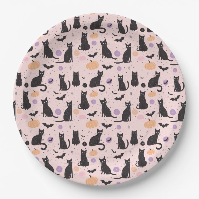 Assiettes En Carton Chat d'Halloween noir  (Devant)