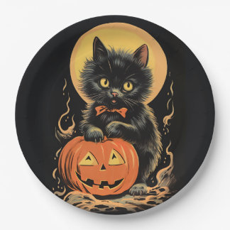 Assiettes En Carton Chat d'Halloween vintage avec Citrouille