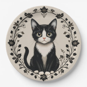 Assiettes En Carton Chat élégant noir et blanc