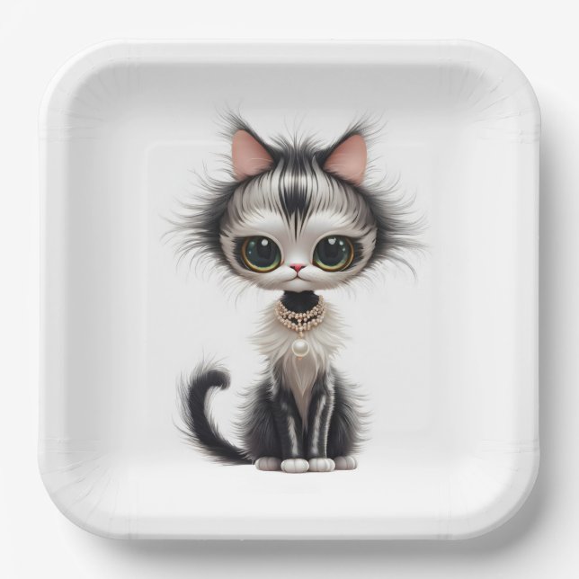 Assiettes En Carton Chat En Dessin Avec Collier En Perle (Recto)