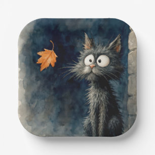 Assiettes En Carton Chat en ruelle noire avec feuille d'automne