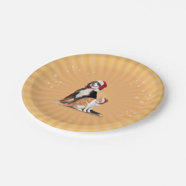 Assiettes En Carton Chat et chien avec chapeau de Père Noël (Angle)