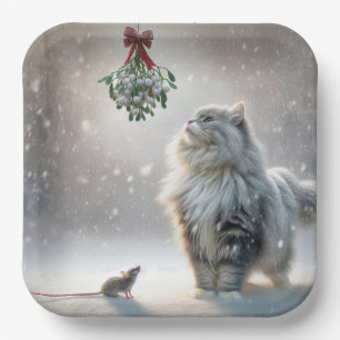 Assiettes En Carton Chat et Souris sous le Gui