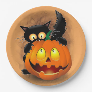 Assiettes En Carton Chat Fun Halloween Caractère mordant un Citrouille
