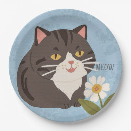 Assiettes En Carton Chat gris mignon charmant personnalisé & FLeur de