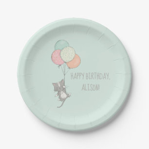 Assiettes En Carton Chat gris sucré avec ballons fête d'anniversaire