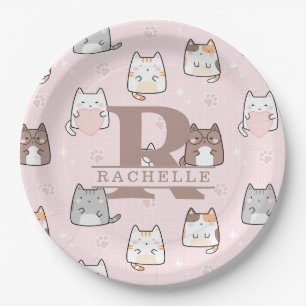 Assiettes En Carton Chat Kawaii en Arrière - plan rose
