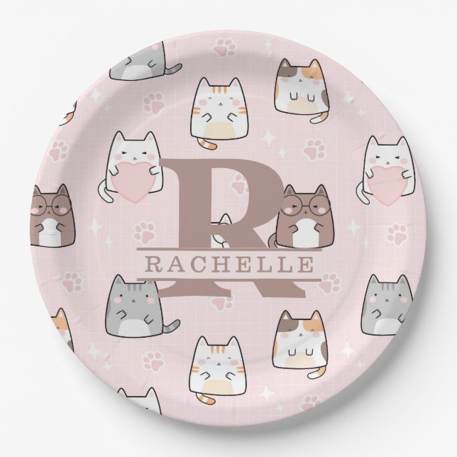 Assiettes En Carton Chat Kawaii en Arrière - plan rose (Devant)