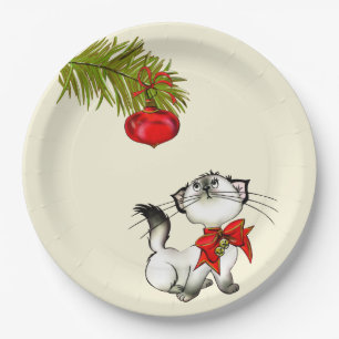 Assiettes En Carton Chat Kitty En Jeu Dans Une Bow De Noël Rouge