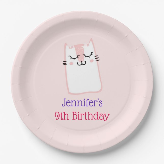 Assiettes En Carton Chat Kitty Sleeping Rose Anniversaire (Devant)