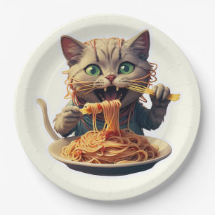 Assiettes En Carton Chat mangeant des spaghetti