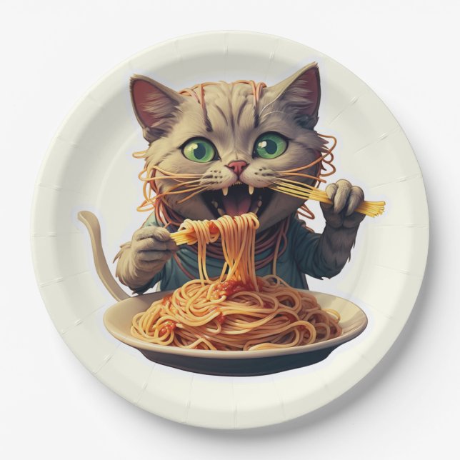 Assiettes En Carton Chat mangeant des spaghetti (Devant)