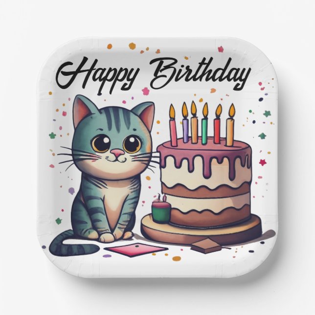 Assiettes En Carton Chat mignon Joyeux anniversaire (Recto)