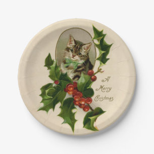 Assiettes En Carton Chat Noël Joyau Holly Kitten Art antique