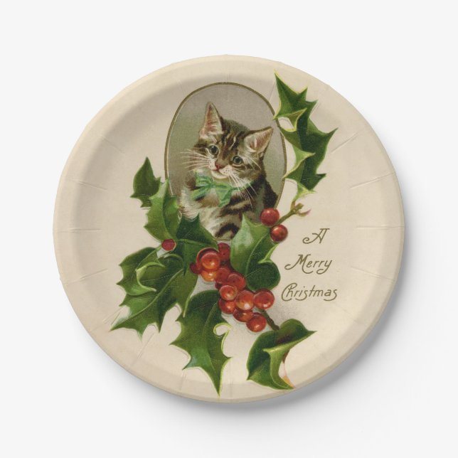 Assiettes En Carton Chat Noël Joyau Holly Kitten Art antique (Devant)