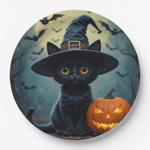Assiettes En Carton Chat noir adorable portant un chapeau de sorcière