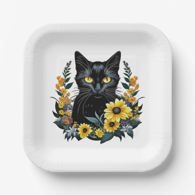 Assiettes En Carton chat noir avec des fleurs (Recto)