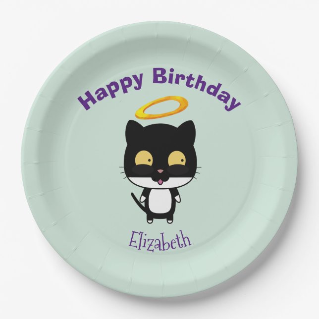 Assiettes En Carton Chat Noir Avec Halo Or Cute Angel Anniversaire (Devant)