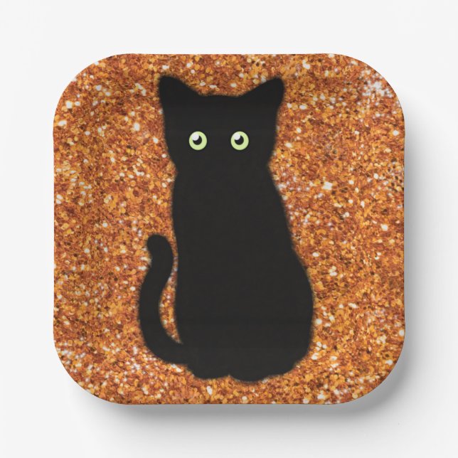 Assiettes En Carton Chat noir, chaton mignon, parties scintillant oran (Recto)