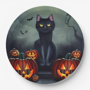 Assiettes En Carton Chat noir, chauves-souris et Jack-O-Lanterns