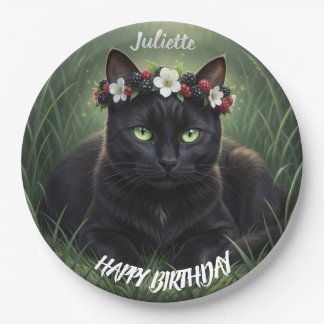 Assiettes En Carton Chat Noir / Couronne de Fleur de Mûre Personnalisé