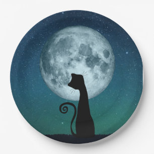 Assiettes En Carton Chat noir dans les plaques de papier clair de lune