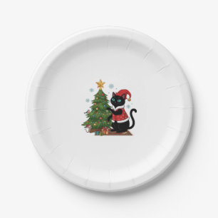 Assiettes En Carton Chat noir de Noël chapeau de Père Noël arbre souri