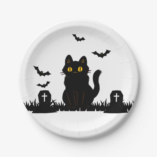 Assiettes En Carton Chat noir d'Halloween (Devant)