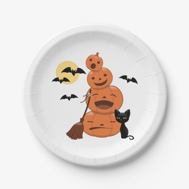 Assiettes En Carton Chat noir d'Halloween et blanc Citrouille (Devant)