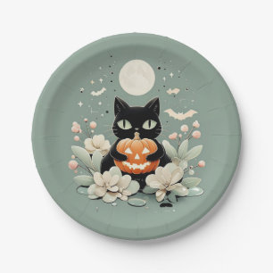 Assiettes En Carton Chat noir d'Halloween, Lune et Citrouille