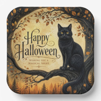 Assiettes En Carton Chat noir d'Halloween pleine lune arbre