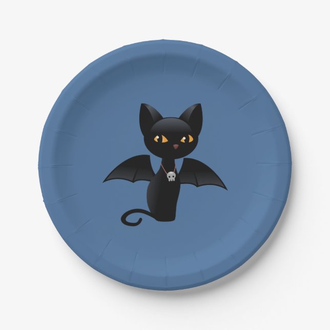 Assiettes En Carton Chat noir d'Halloween Vampire avec des ailes (Devant)