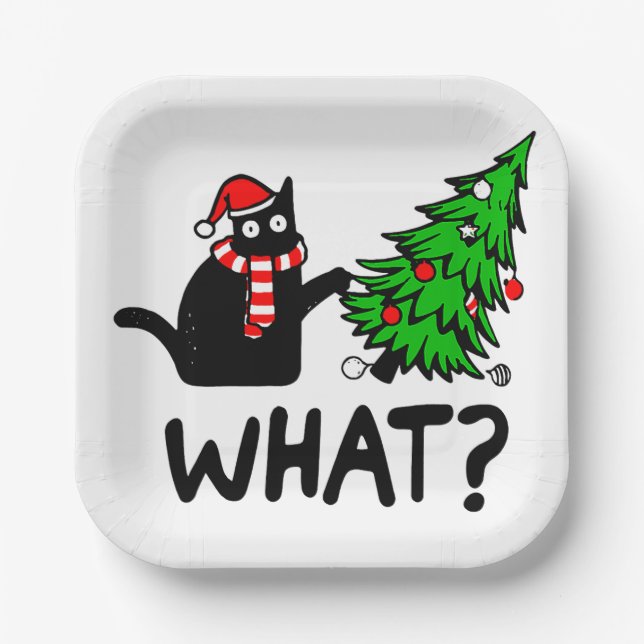 Assiettes En Carton Chat Noir Drôle Poussant Arbre De Noël Pet Lover (Recto)