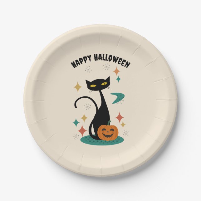 Assiettes En Carton Chat noir du milieu du siècle d'Halloween (Devant)