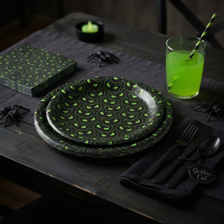 Assiettes En Carton Chat Noir Épouvantable Yeux Néon Vert Halloween