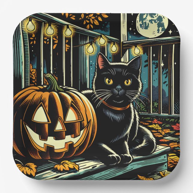 Assiettes En Carton Chat noir et Halloween Jack-O-Lanterne (Recto)