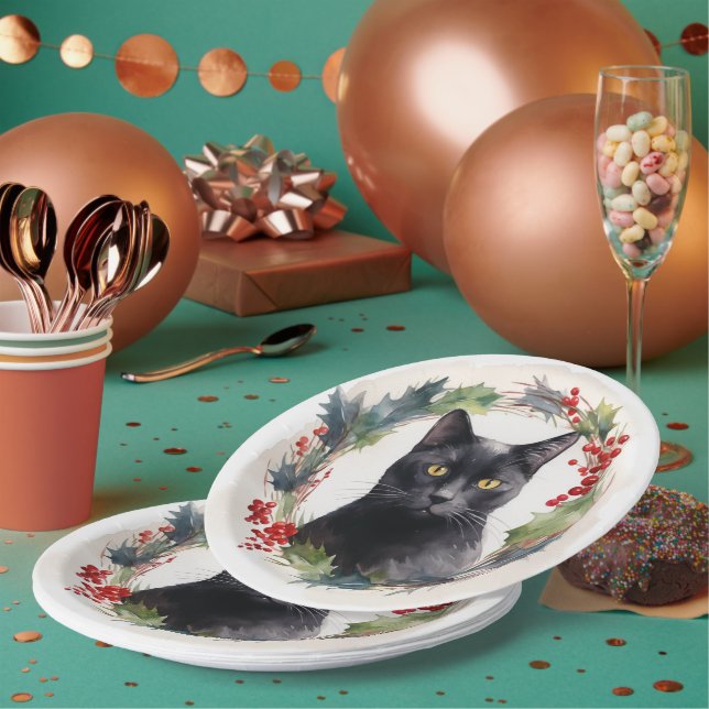 Assiettes En Carton Chat noir Fête de couronnes de Noël Kitten (Multi)