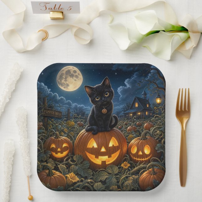 Assiettes En Carton Chat noir Halloween (Mariage)